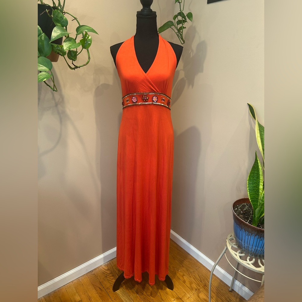 Vibrant Orange Halter Dress with Embellished Waist